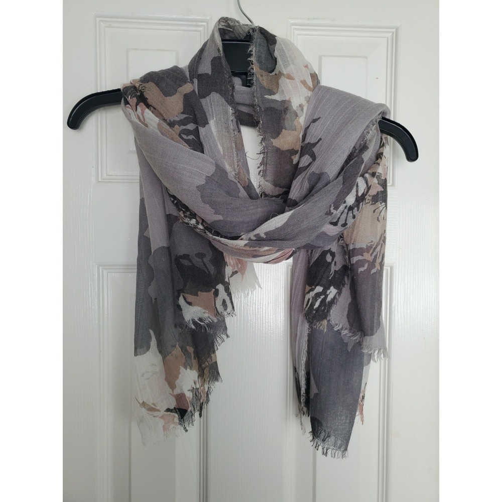 Scarf Gray Floral Moody Raw Edge Lightweight Wrap Shawl OS